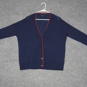 J Crew Cardigan Womens M Blue Red Merino Wool Tipped V Neck Button Up Sweater